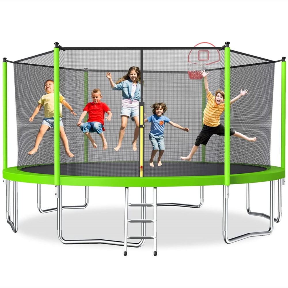 16FT Trampoline with Basketball Hoop, Green Outdoor Trampolines Kids Trampoline with Enclosure Net Outdoor for 3-5 Kids, L - Walmart.com