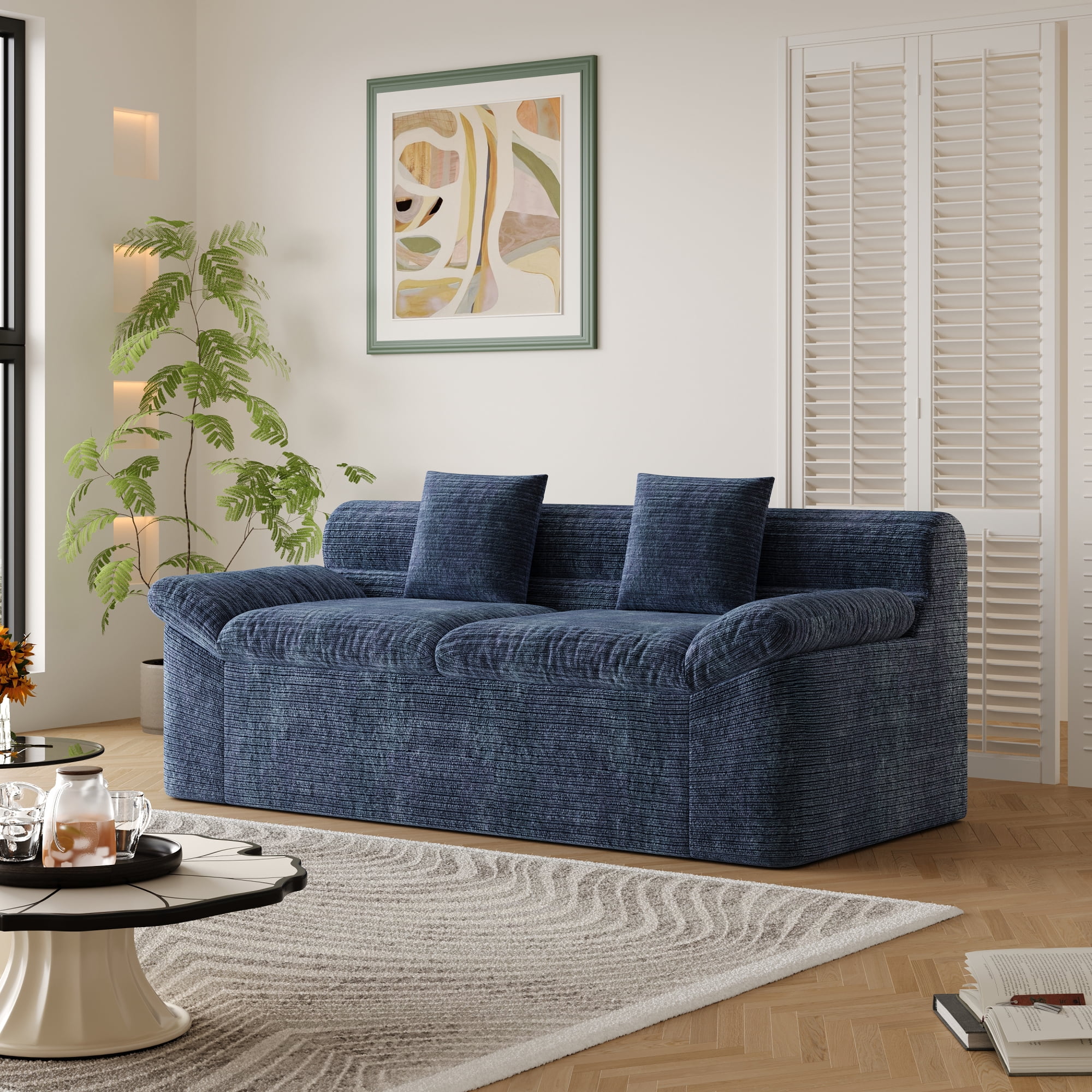 HOQBN 71" Boneless Couch for Living Room,Upholstered Chenille Sofa with Deep Seat Design and 2 Pillows,Comfy Cloud Couch for Bedroom, Office, Apartment, No Assembly,Aged Blue
