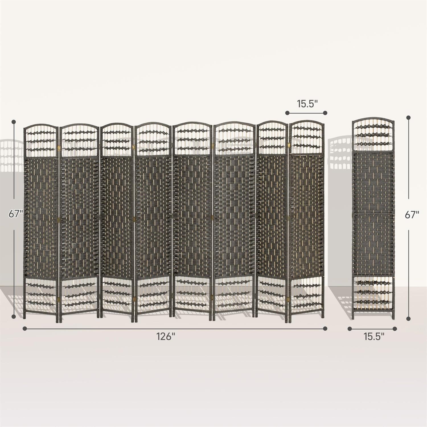 Demi Bonn 8-Panel Foldable Room Divider Screen Privacy Panel Wave Fiber Design, 67" Portable Partition for Home Office Space, Gray