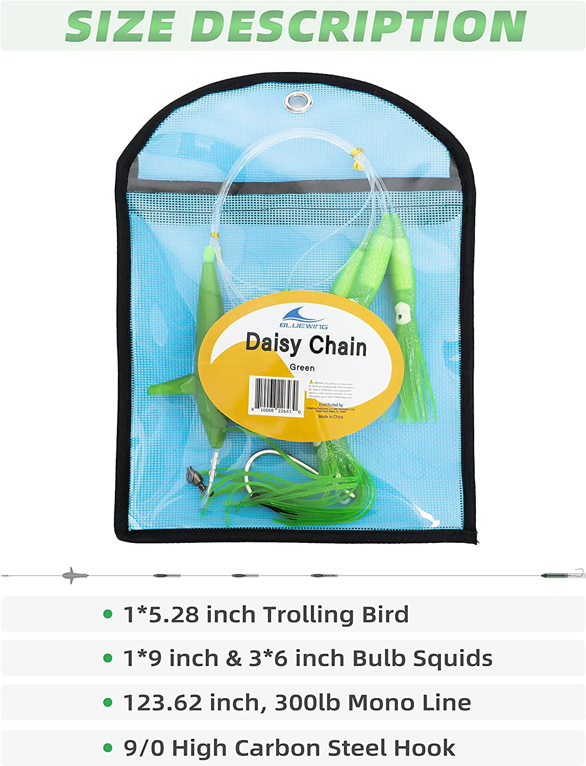 BLUEWING Daisy Chain Big Game Daisy Bird Bulb Squid Trolling Bird Tuna Lures Fishing Teasers for Marlin Sailfish Fishing Green