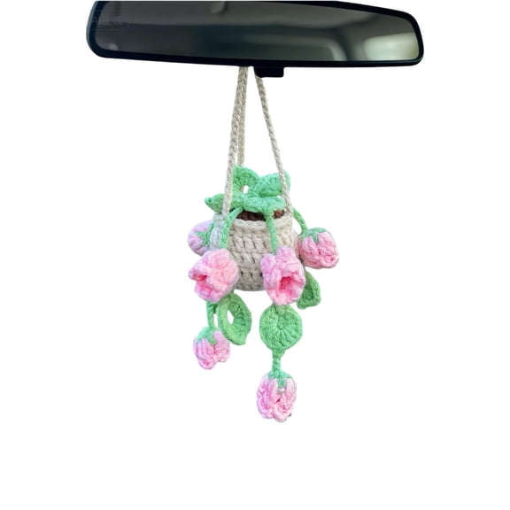 TOKATAN Handmade Crochet Hanging Ornament for Car Rear View Mirror | Cute Knitted Plant Pot Accessories for Women Car Décor like Cherry, Succulent, Strawberry (Lily of the Valley)