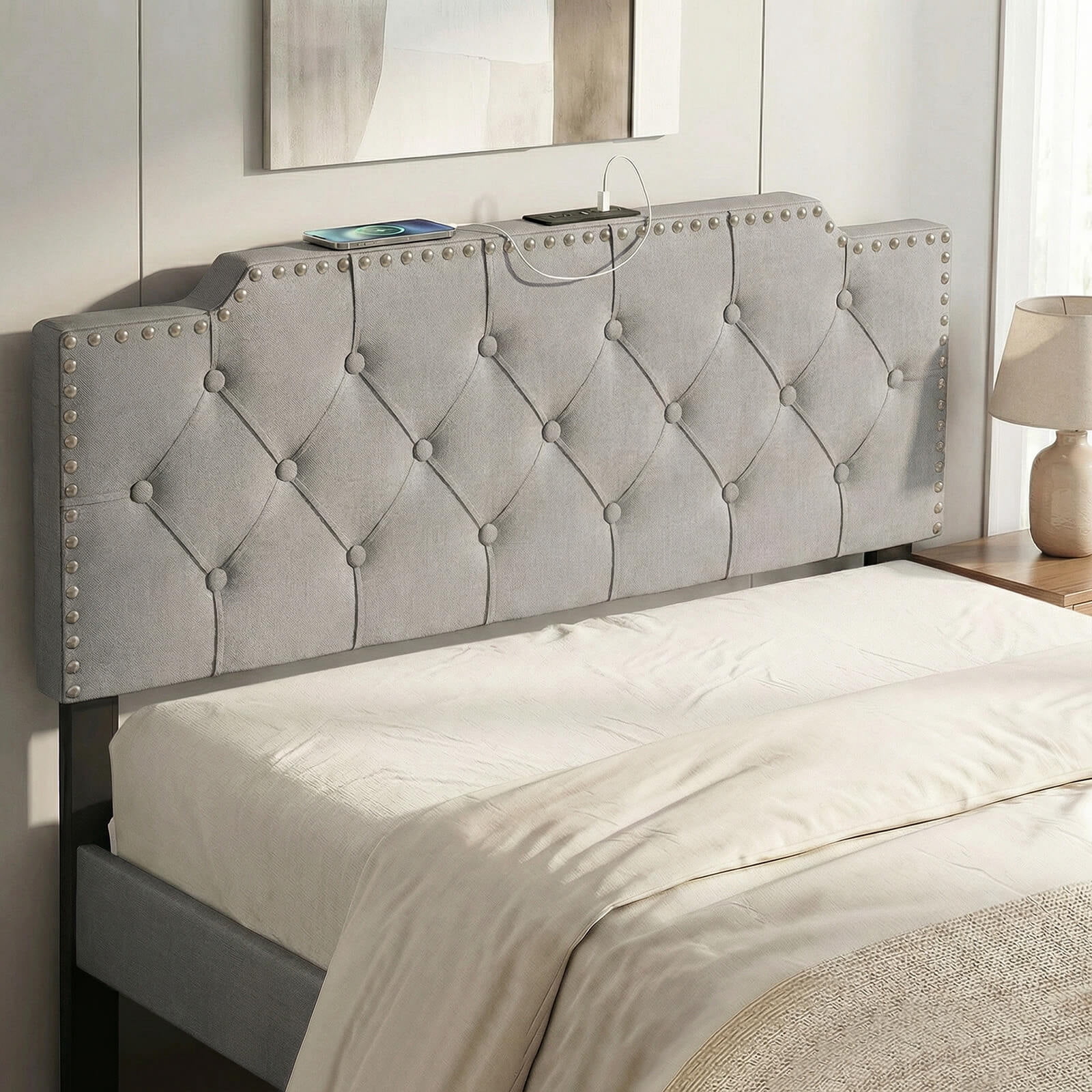 Costway Headboard for Queen and Full Size Bed, Rivet Tufted Upholstered Head Board Gray