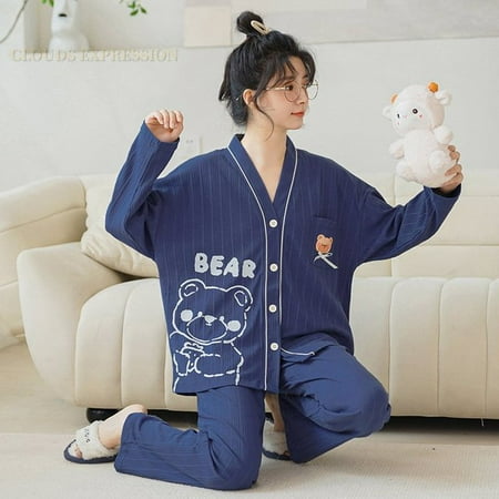 

QWZNDZGR Spring Autumn Polyester Cartoon Print Pajama Sets Women Pyjamas Polka Dots Sleepwear Pijama Mujer Homewear Clothing Nightwear