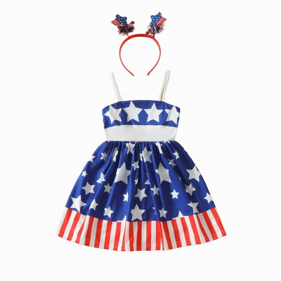 Ccpelsie 4th of July Toddler Little Girl Outfit Fourth of July Red White and Blue Dress American Flag Tiered Kids Dresses(Blue,4-5 Years)