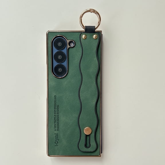 ELEHOLD Case for Samsung Galaxy Z Fold 5, Durable Shockproof Hybrid Leather Phone Case with Wrist Strap and Ring Holder,Green