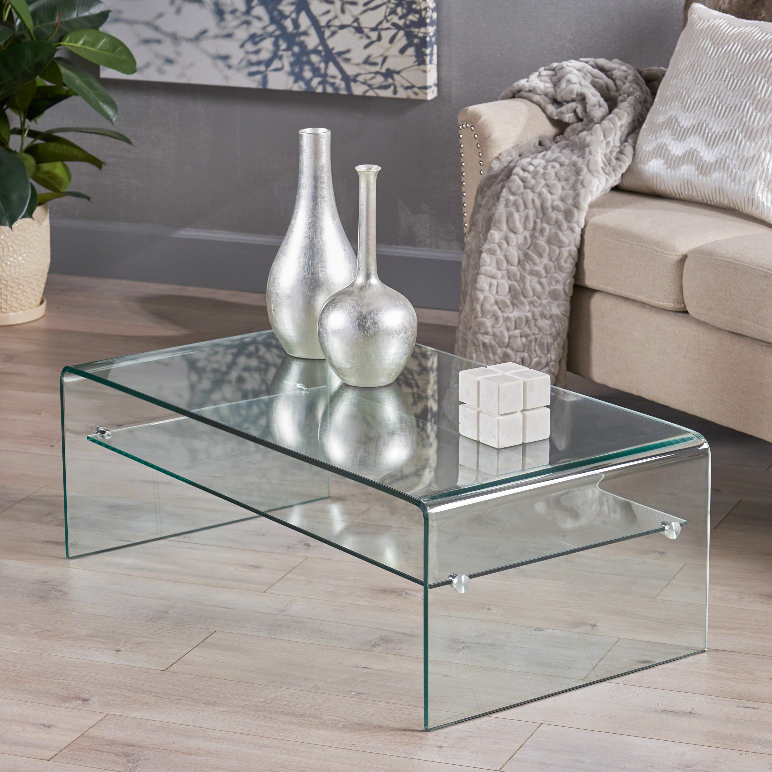 GDFStudio Charlize Modern Glam Rectangular Tempered Glass Coffee Table With Shelf – Clear