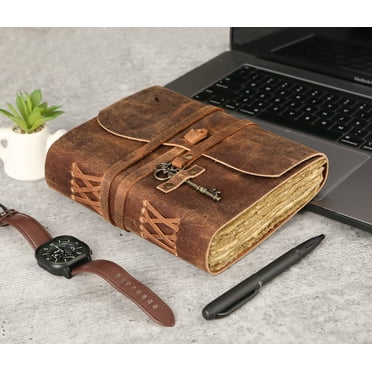 Leather Journal with lined Deckle Edge Paper 8x6 inch and Vintage Key/ Handmade Writing Notebook Diary/ Bound Daily Notepad for Men & Women Medium, Sketch/Writing pad, Gift for Artists