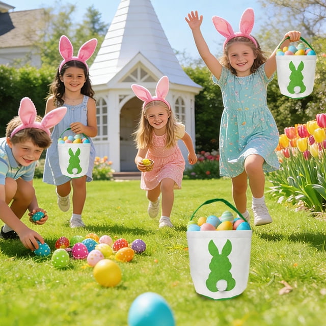 CaiYueKe Easter Basket Bag for Kids, Reusable Canvas Tote with Rabbit Design, Holiday Party Favor, Candy Egg Hunt Gift, Spring Decoration Storage Carry All