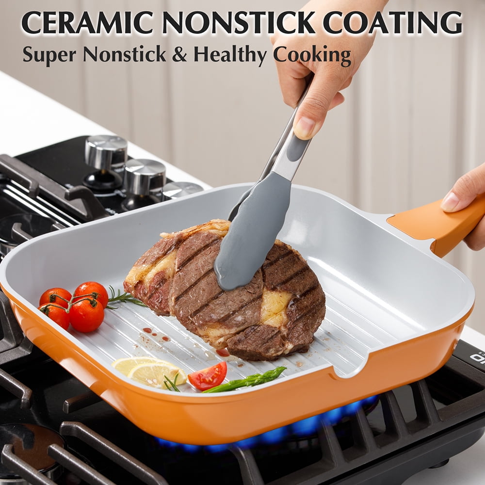 Koch Systeme CS 11 inch Nonstick Grill Pan, Square Skillet with Stay-Cool Handle, Compatible with All Stovetops, Even Heating, Copper