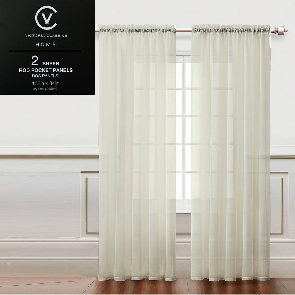 Two (2) Beige Sheer Rod Pocket Window Curtain Panels 108"W x 84"L