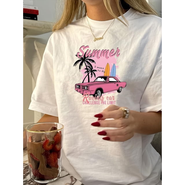 Vintage-Inspired Geometric Print T-Shirt for Women - Casual Crew Neck, Short Sleeve, Polyester Blend, Machine Washable - Perfect for Summer