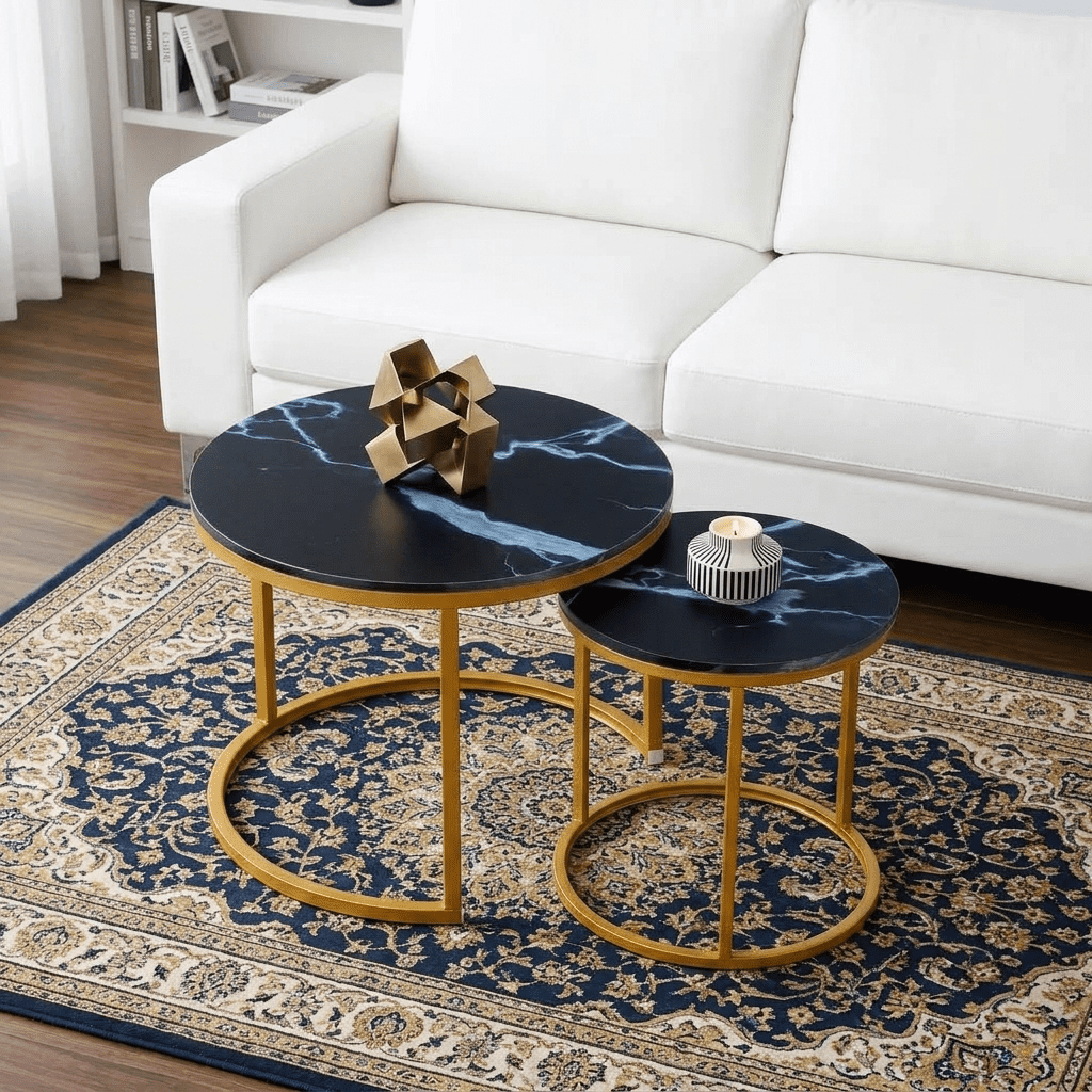 Round Nesting Coffee Table Set of 2 Modern Faux Black Marble Accent End Tables with Gold Metal Frame Space-Saving Sturdy Design for Living Room and Bedroom