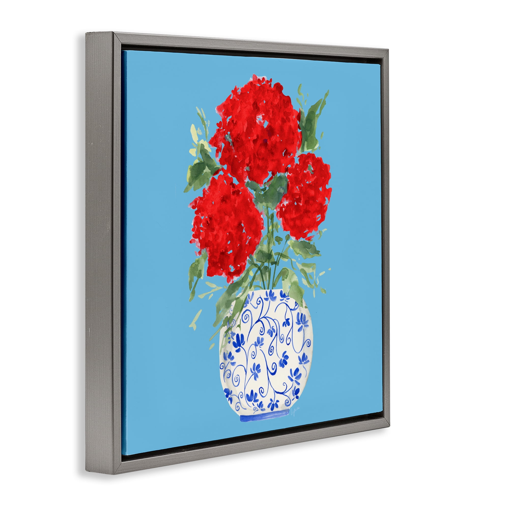 Stupell Industries Bold Red Hydrangea Trio Gray Framed Floater Canvas Wall Art, design by Lucille Price