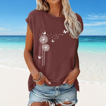 DondPO Going Out Tops for Women Corset Tops Womens Casual Solid Dandelion Printing Easy V Neck Short Sleeve Vest T Shirt Loose Fit Tank Tops Tank Top for Women Camisole Tops Wine M