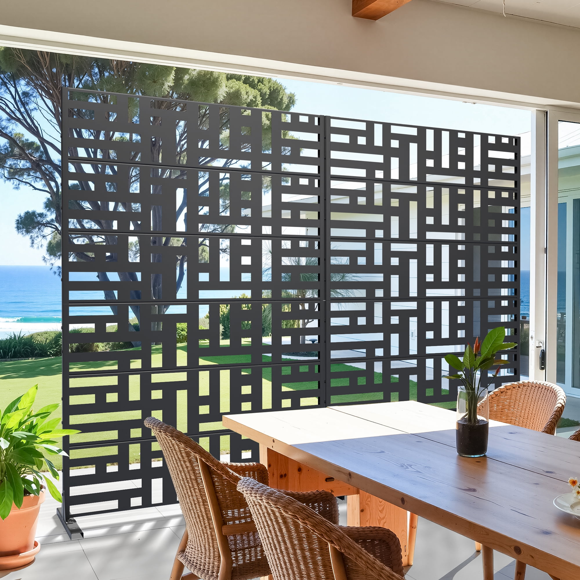 MAYEERTY 2-Piece 72×47" Outdoor Black Metal Privacy Panel Screen for Backyard & Garden, Geometric Maze Pattern