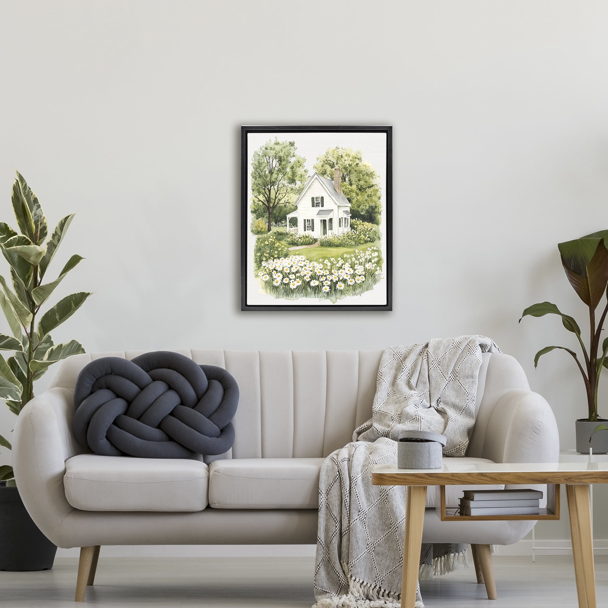 Quaint Countryside Cottage Garden Black Framed Floater Canvas Wall Art, design by Lettered and Lined