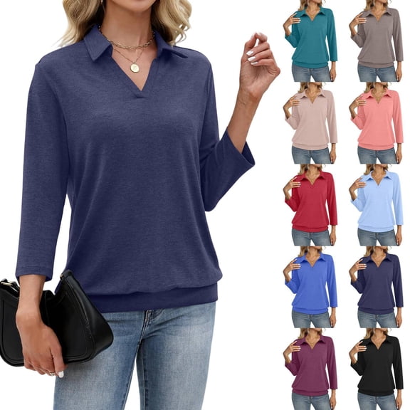3/4 Sleeve Tops for Women Banded Bottom V Neck Summer T Shirt Casual Basic Tops Trendy Banded Waist Shirt 2026 Navy XL