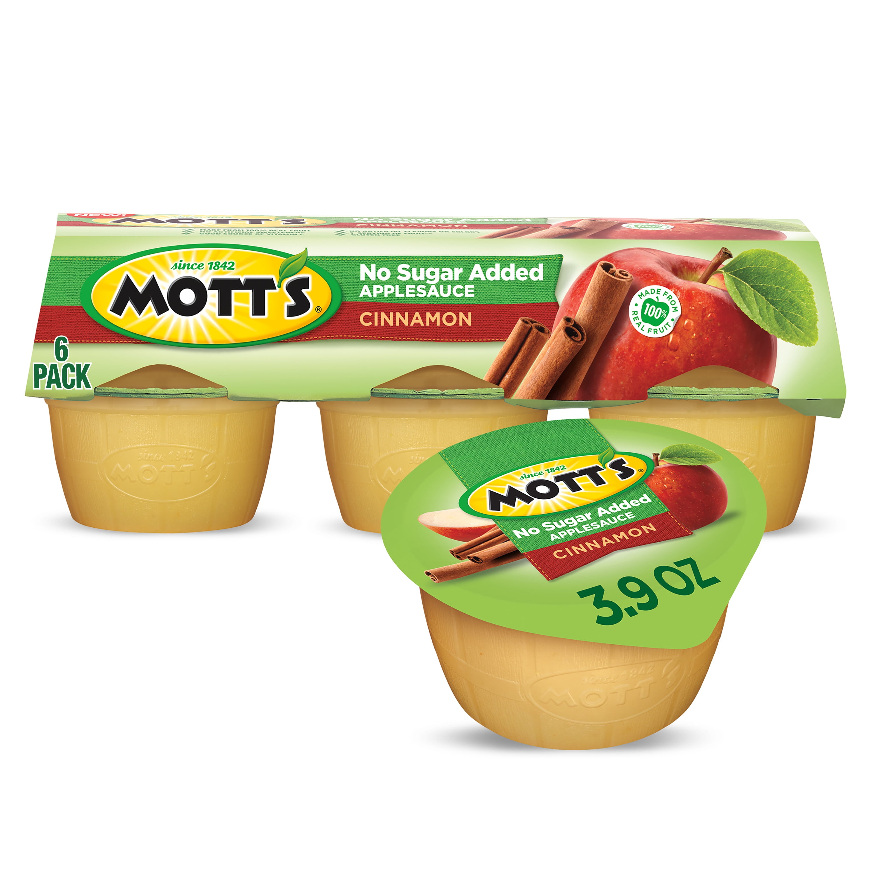 Mott's No Sugar Added Cinnamon Applesauce, 3.9 oz cups, 6 pack