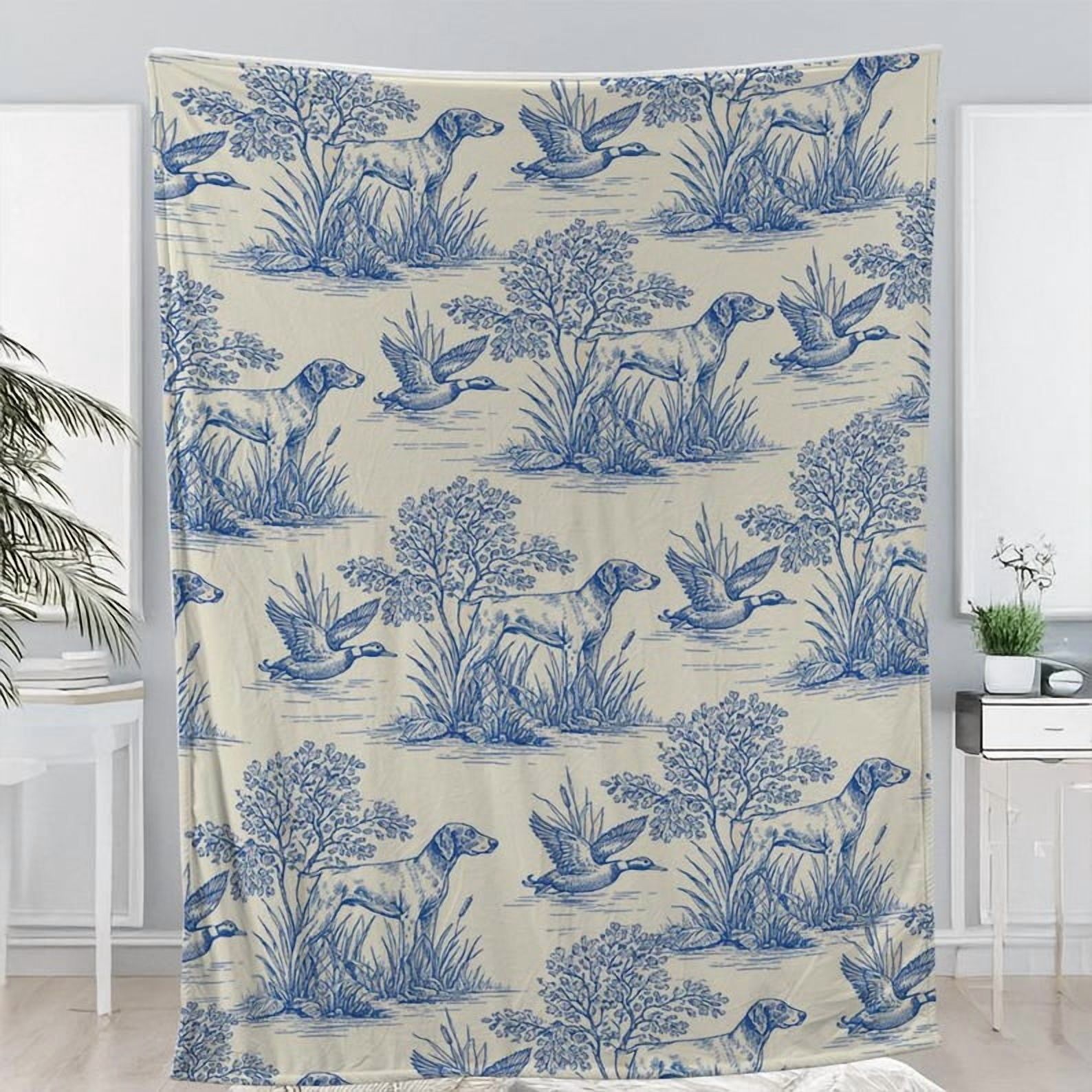 TiniDecor Blue Hunting Dog Fleece Throw Blanket, 40"x50", Countryside Bird Pattern