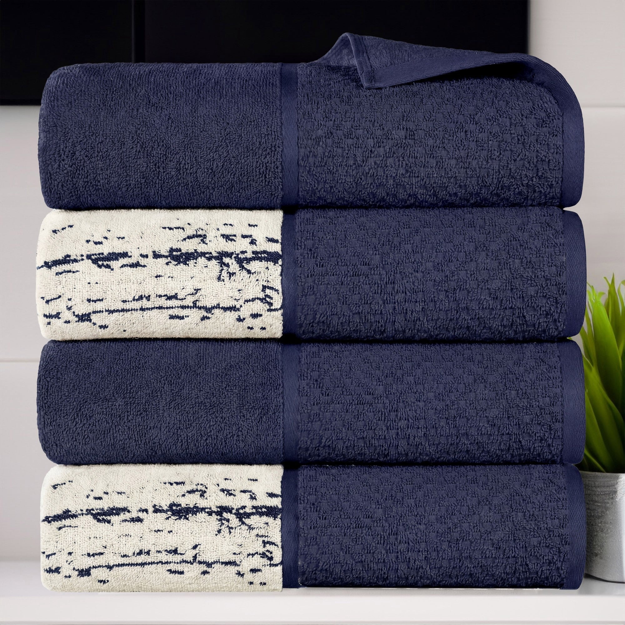 Superior Modern Cotton 6 Piece Hand Towel Set Bathroom Mixed Pattern, Navy Blue-Ivory