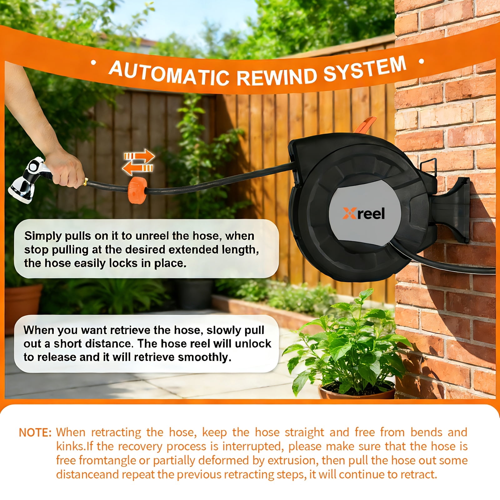 Retractable Garden Hose Reel With Wall Mount 1/2"x70FT,With 10 Pattern HoseNozzle, Brass Connector, Auto Rewind/Any Length Lock/ 180° Swivel Bracket, Ideal For GardenWatering