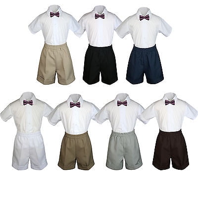 

3pc Set Boy Toddler Formal Party Eggplant Bow Tie White Navy Khaki Shorts S-4T