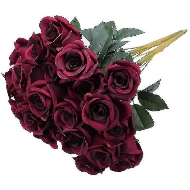 Artificial Burgundy Flowers 16 Inches Artificial Silk Rose Faux Rose Mother's Day Bouquet 9 Heads Vintage Rose For Diy Wedding Table Centerpiece Party