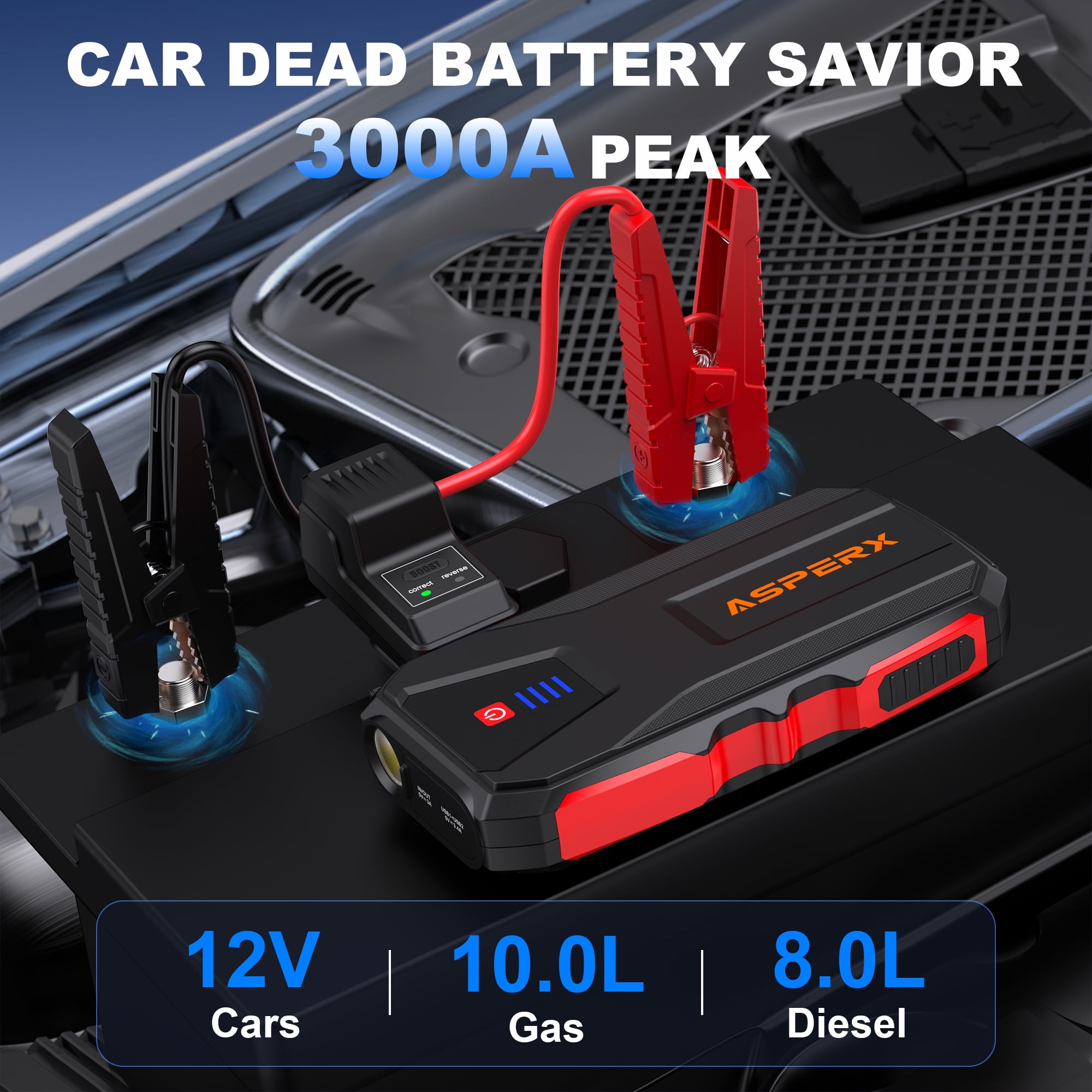 ASPERX 3000A Car Battery Jump Starter, 12V Jump Starter Battery Pack (up to 10.0L Gas or 8.0L Diesel), Portable Jump Box with Power Bank/Dual USB/LED Light