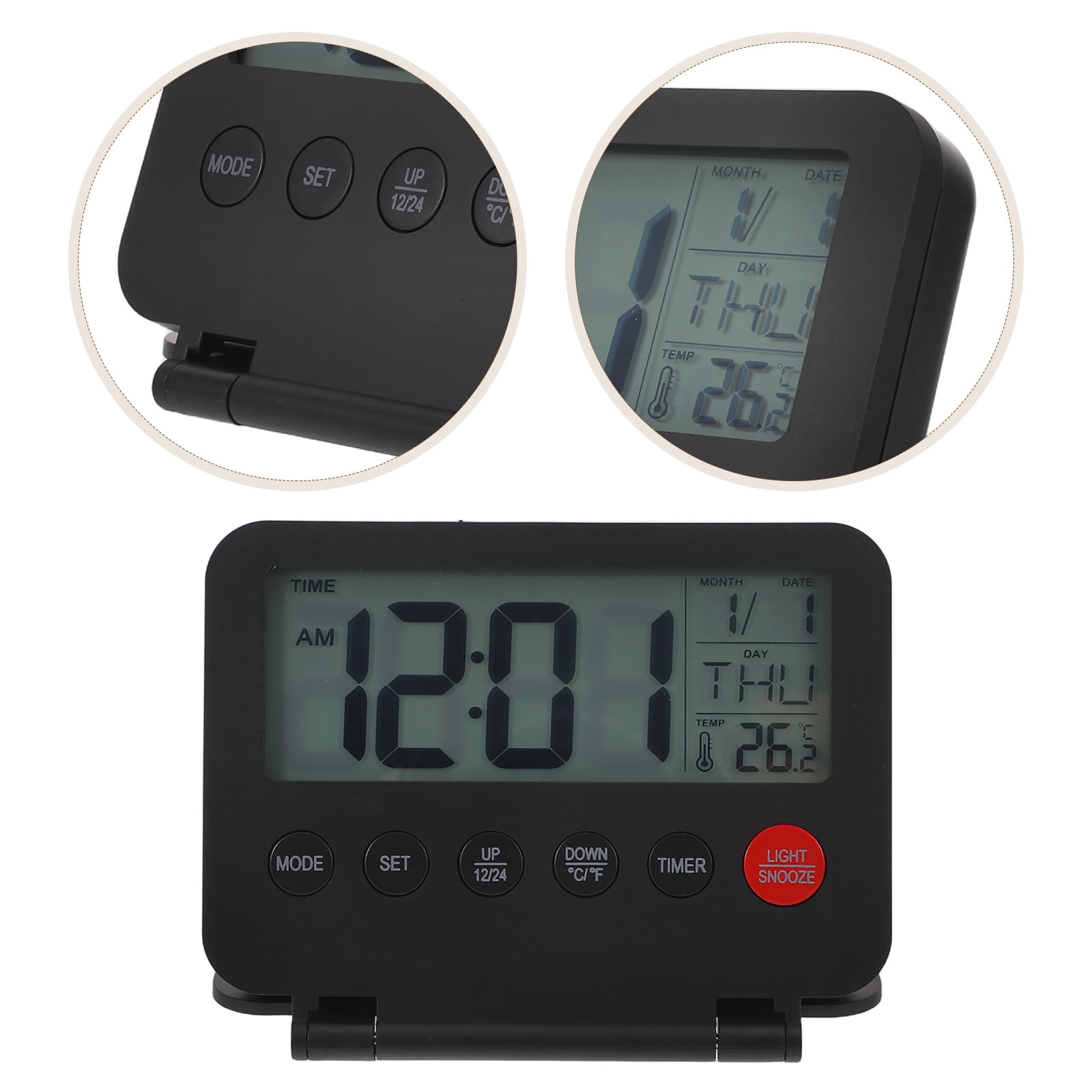 HEATSHAKING Black Compact Travel Clock with Digital Display Date Temperature and Flip Down Cover