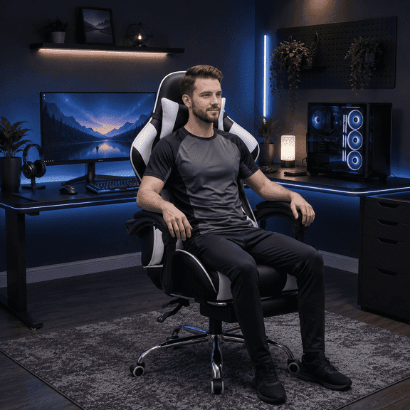 VIDITA Adult High Back Gaming, Office Gaming Chair with Footrest and Lumbar Support, Black
