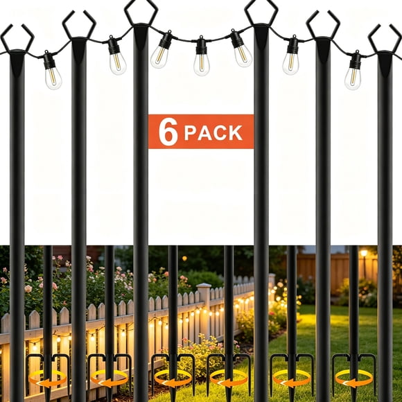 6 Pack String Light Poles,10 Ft Light Poles for Outdoor with Fork,Metal Poles Stand for Patio Deck Backyard
