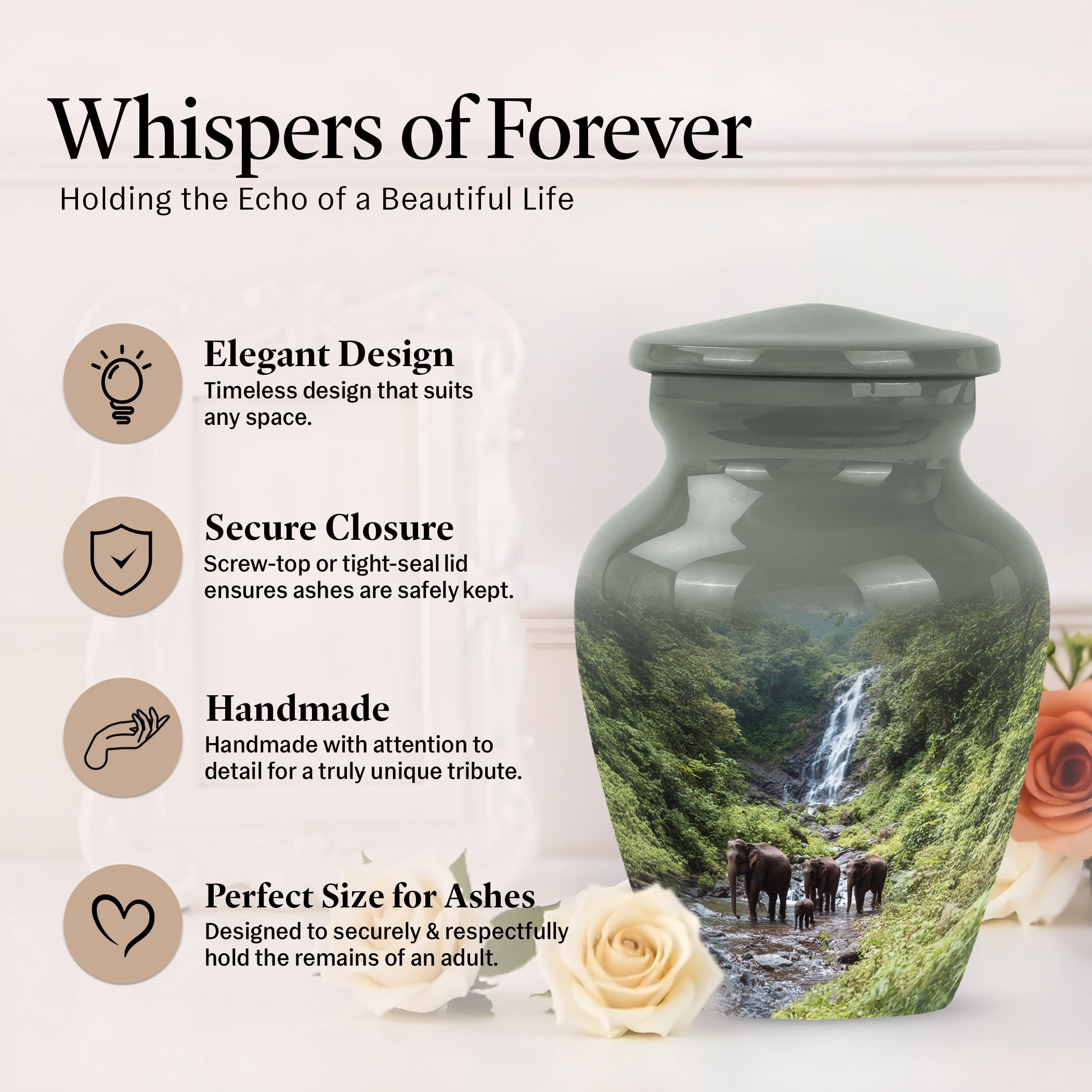 JAGSHASHI Elephant Keepsake Sharing Urn – Mini Green Cremation Urn for Human or Pet Ashes – Waterfall Small Memorial Token Urns with Velvet Box & Funnel – Memorial Tribute for Families (Green 3 Inch)