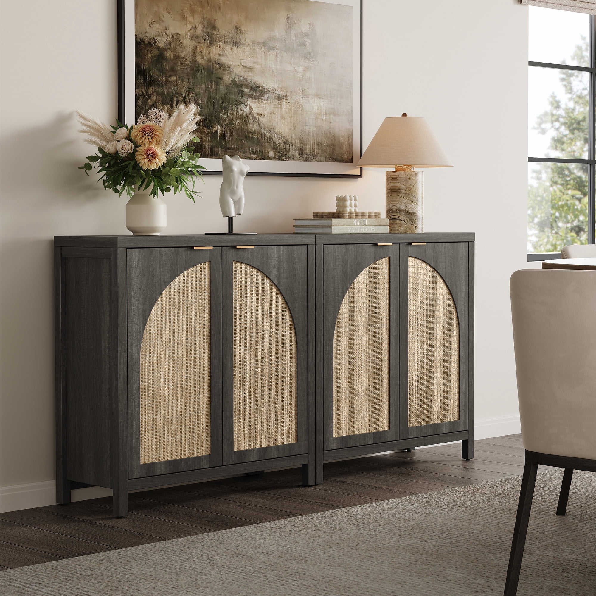 SICOTAS 34.2 Inch Wide Kitchen Pantry Cabinet Set of 2 with 2 Arch Rattan Doors, Adjustable Shelves, for Kitchen Storage, Freestanding Organizer Sideboard in Black Oak