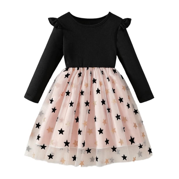 Vestido de cuello redondo y manga larga para niñas Vestido de cuello redondo y manga larga para niñas Falda de malla elegante Vestido de princesa elegante para niñas pequeñas Vestido de poliéster para