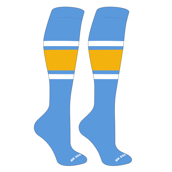 MK Socks Striped OTC Baseball, Softball, Football Socks (B) Columbia Blue, White, Gold (S)
