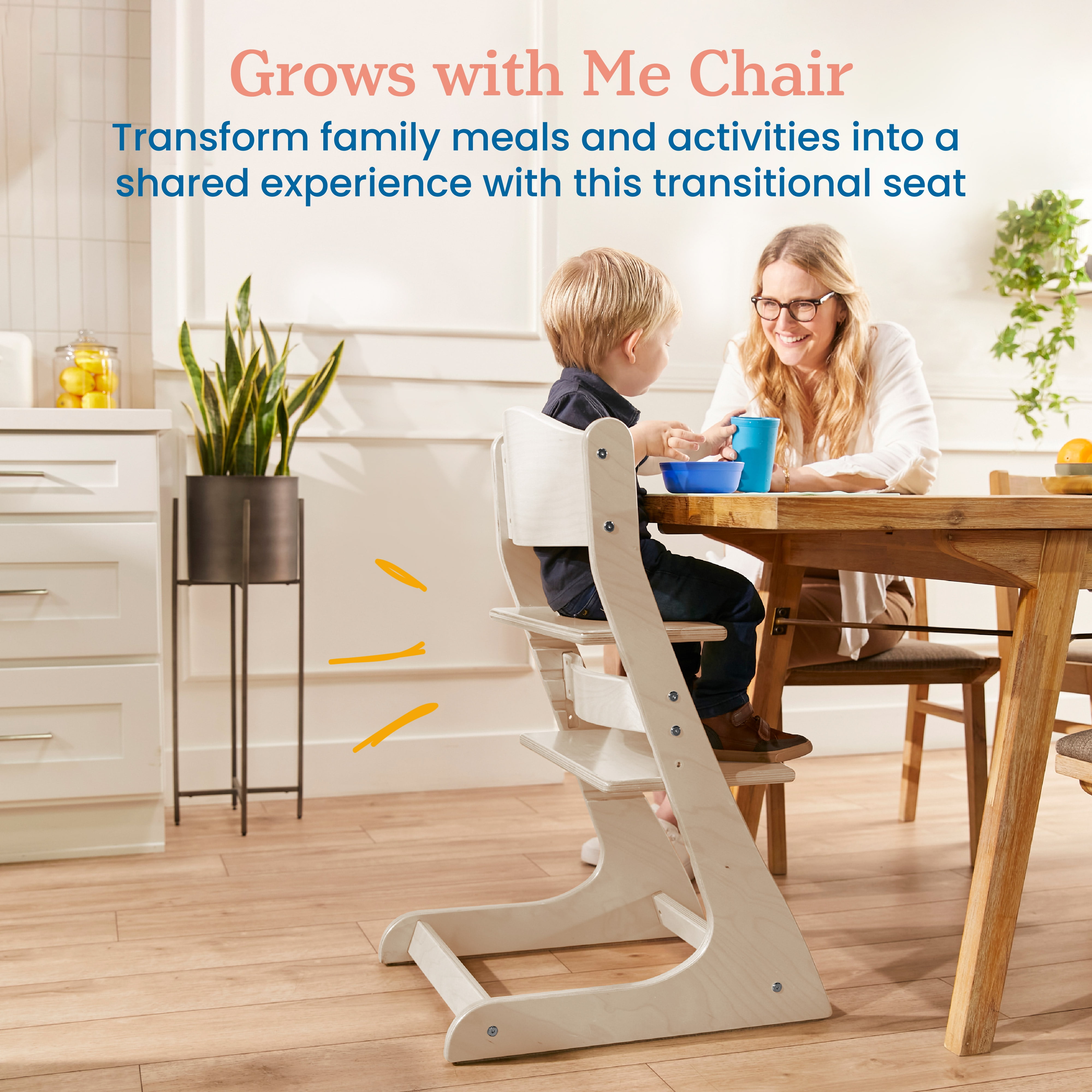 ECR4Kids Wooden Adjustable Grows with Me Transitional Chair, Montessori Furniture, White Wash