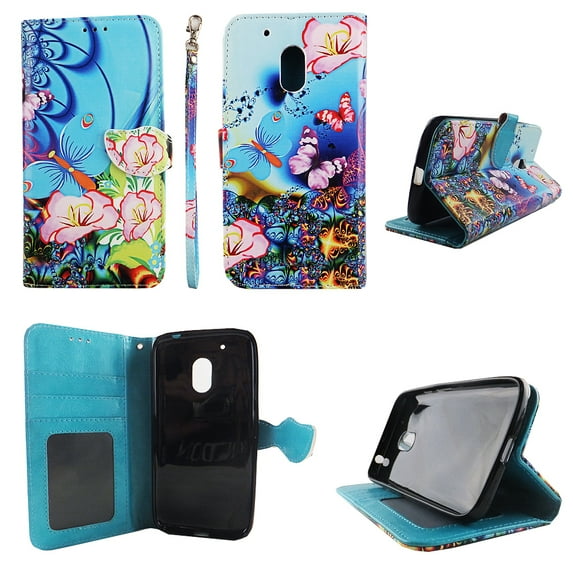 Pink Flower Butterfly Blue Wallet Folio Case for Motorola Moto G4 Play Fashion Flip PU Leather Cover Card Cash Slots & Stand