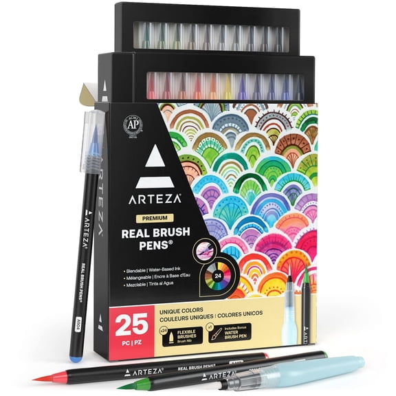 Arteza Real Brush Pens, Flexible Brush Tip, Assorted Colors, 24 Count