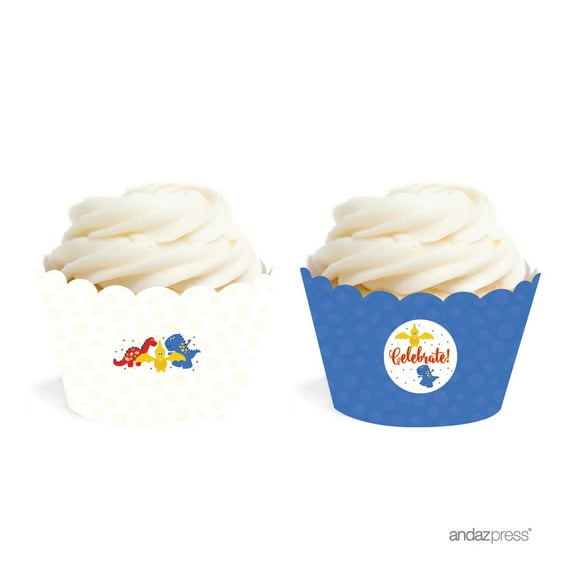 Birthday Cupcake Wrappers, Red Blue and Yellow Dinosaur Party, 20-Pack