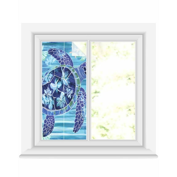 Window Privacy Film Blue Turtle Coastal Stained Glass Window Film Decorative Sun Block Window Cover Beach Nautical Summer Sea Retro Window Clings Static Adhesive Sticker for Bathroom 19.6"x39.3"