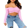 thumbnail image 3 of Women Off Shoulder Crop Top Long Sleeve Ribbed Knit Stretchy Blouse Top Vest, 3 of 6