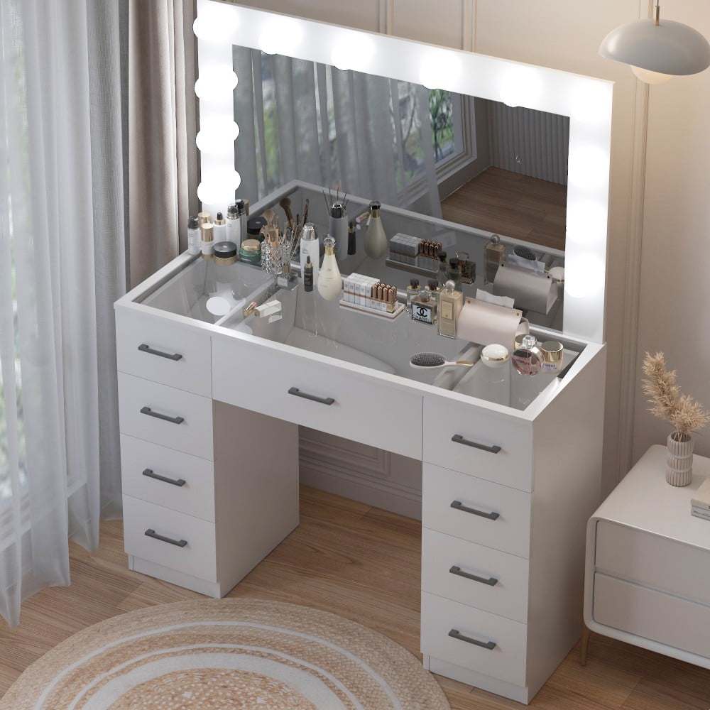 Ktaxon Large Makeup Vanity, Get Ready with Me GRWM Vanity Table Set w/ Visible Glass Top w/ Charging Station, White