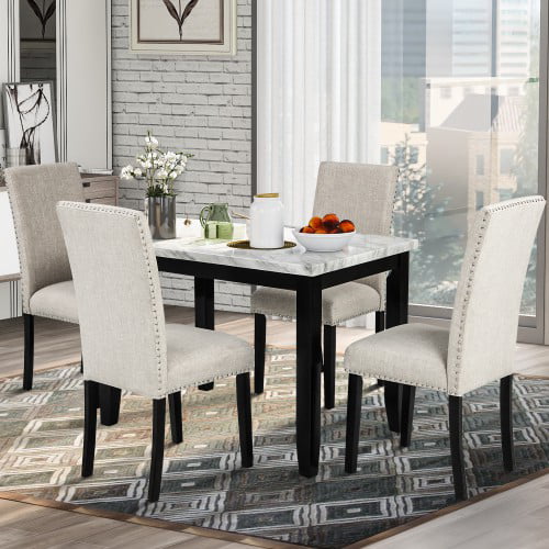 Faux Marble 5-Piece Dining Set Table with 4 Thicken Cushion Dining