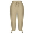 thumbnail image 4 of Pxkloy Womens Capri Pants High Waisted Wide Leg Lounge Linen Pant Summer Solid Color Drawstring Causal Cropped Trousers with Pockets Khaki,M, 4 of 6
