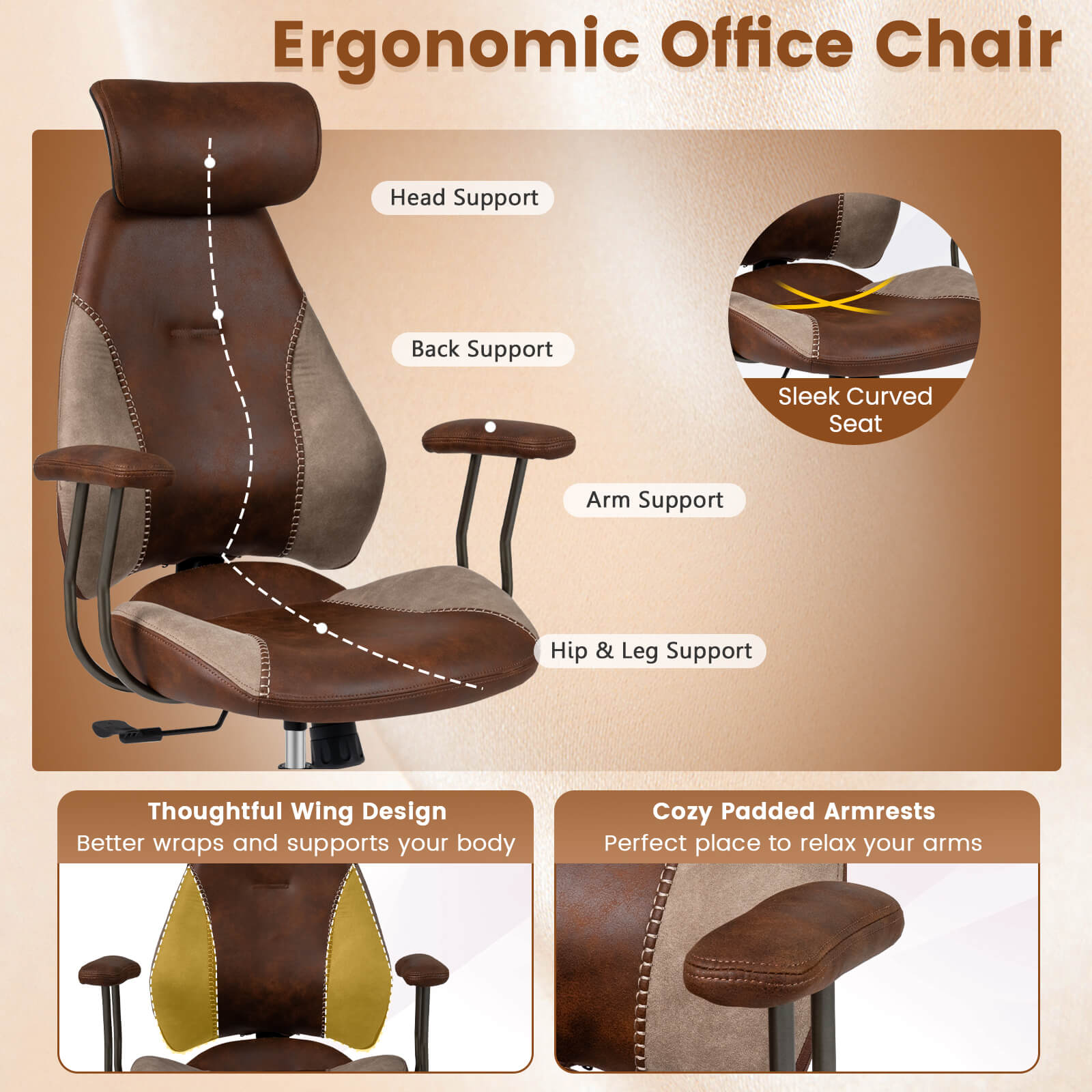Costway Ergonomic Office Chair with 2D Headrest, Rocking Backrest & Wheels, Gaming Chair Brown & Beige