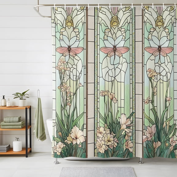 Shower Curtains for Bathroom, Butterfly Flowers Waterproof Fabric Shower Curtain, Vintage Stained Glass Green Spring Decorative Bathroom Curtain for Bathtub, 36"x72", No Hooks Included
