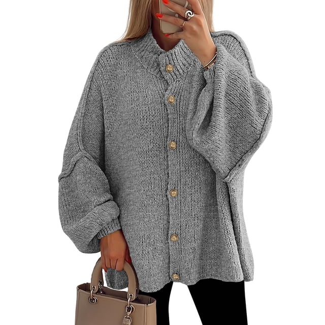 Suéter PRETTYGARDEN de Invierno con Botones y Tejido Grueso Gris Talla S