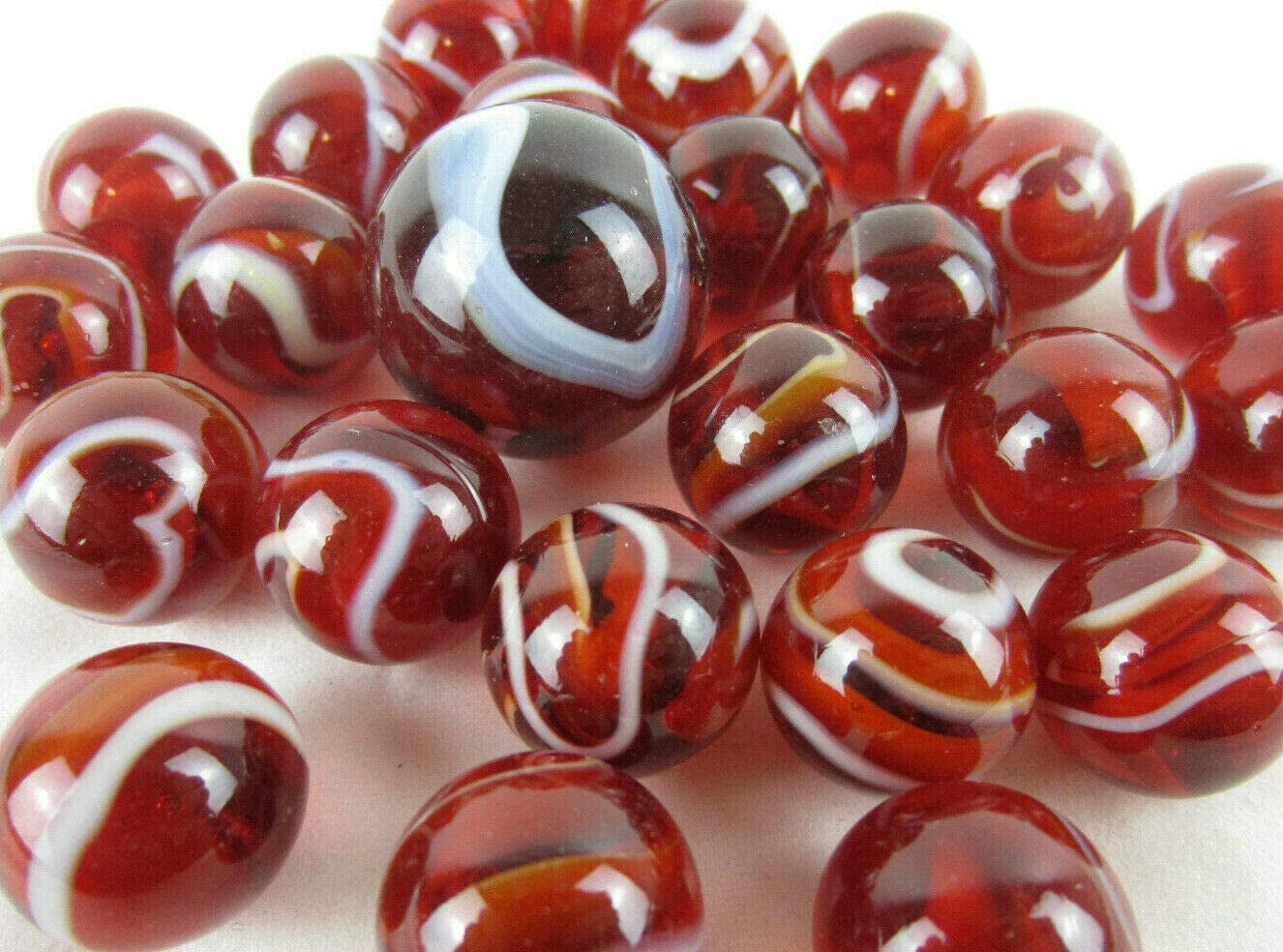 16mm "Rooster" Translucent Red w White Glass Player Marbles Pack of 5 w/Stands 
