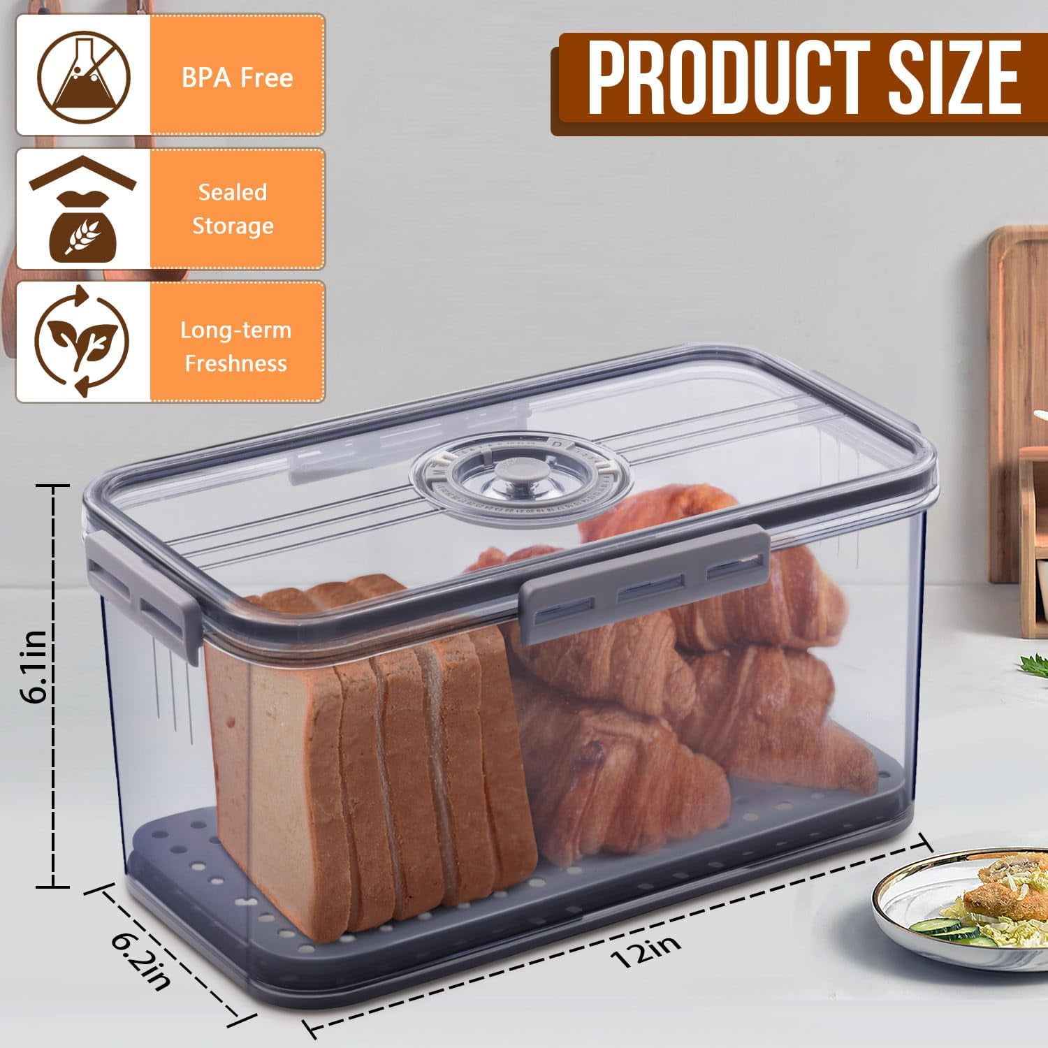 BAODELI Airtight Bread Box with Time Recording Dial, Gray photo 3