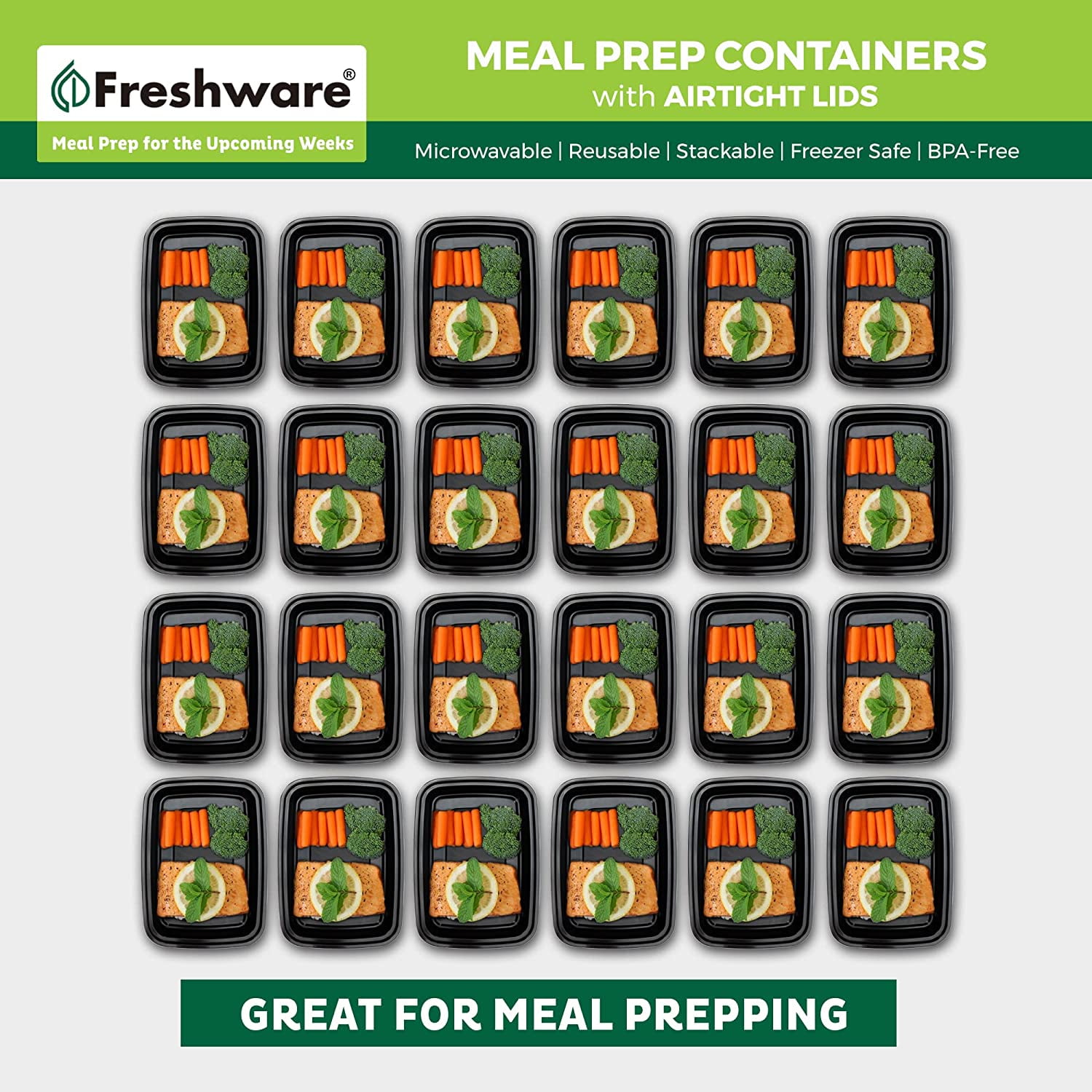  Freshware Meal Prep Containers [50 Pack] 1 Compartment with  Lids, Food Storage Containers, Bento Box, BPA Free, Stackable,  Microwave/Dishwasher/Freezer Safe (24 oz),Black : Home & Kitchen